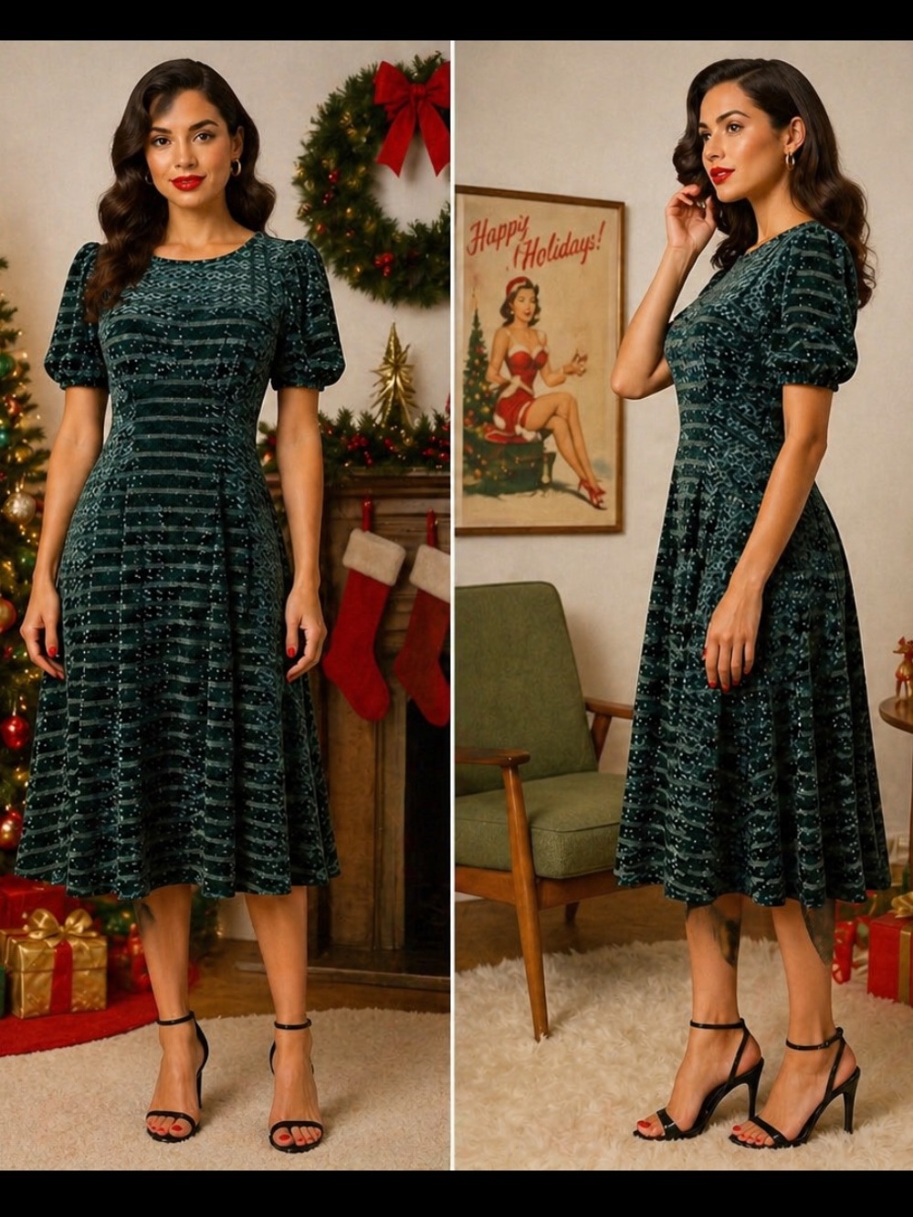 UNIQUE VINTAGE Velvet Holiday Fit & Flare Shimmer Puff Sleeve Dress NWT